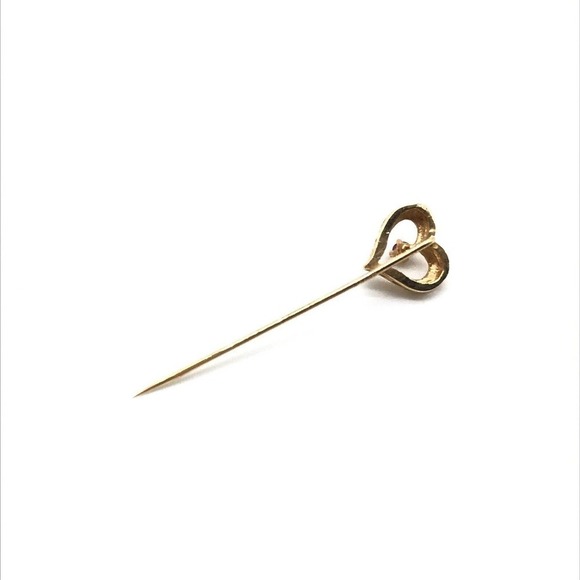 14K Solid Yellow Gold Vintage Ruby Stone Open Heart Love Themed Stick Pin - Picture 5 of 6